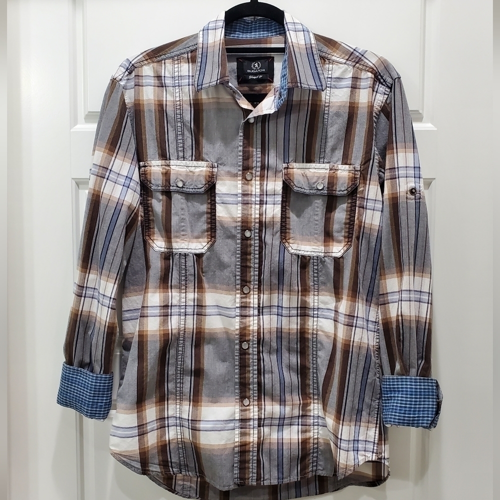 BUGATCHI PEARL SNAP FRONT TOP SHIRT FLIP CUFF CONVERTIBLE SLEEVE MEN SIZE SMALL